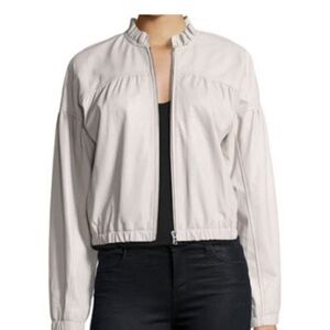 Rebecca Taylor light grey lamb leather ruffle trim bomber jacket 8